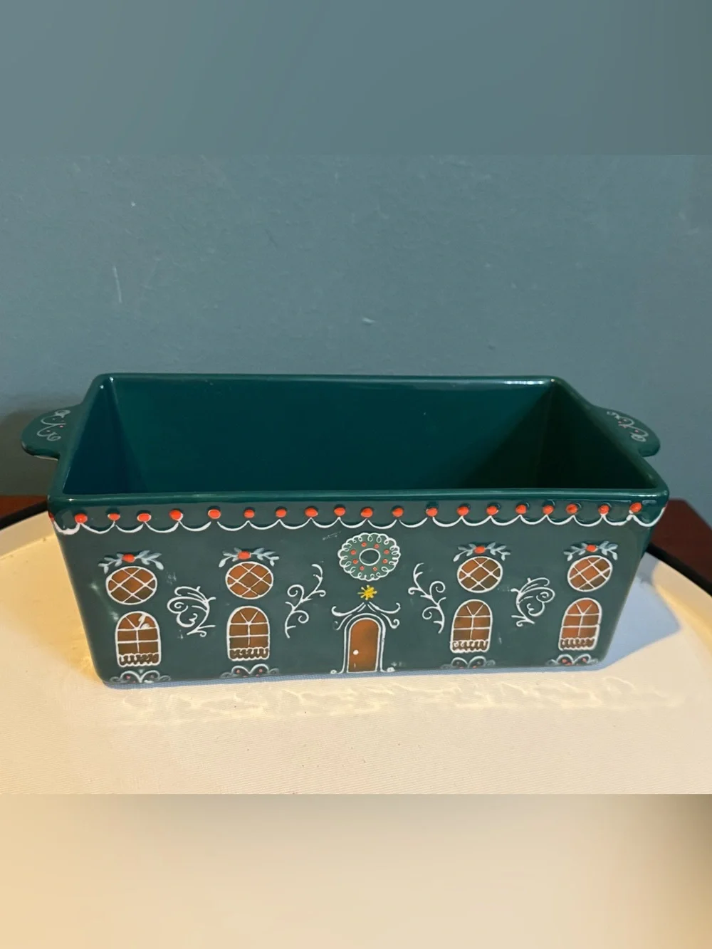 Anthropologie Ginger Loaf Pan - Holiday Gingerbread Ceramic in Green